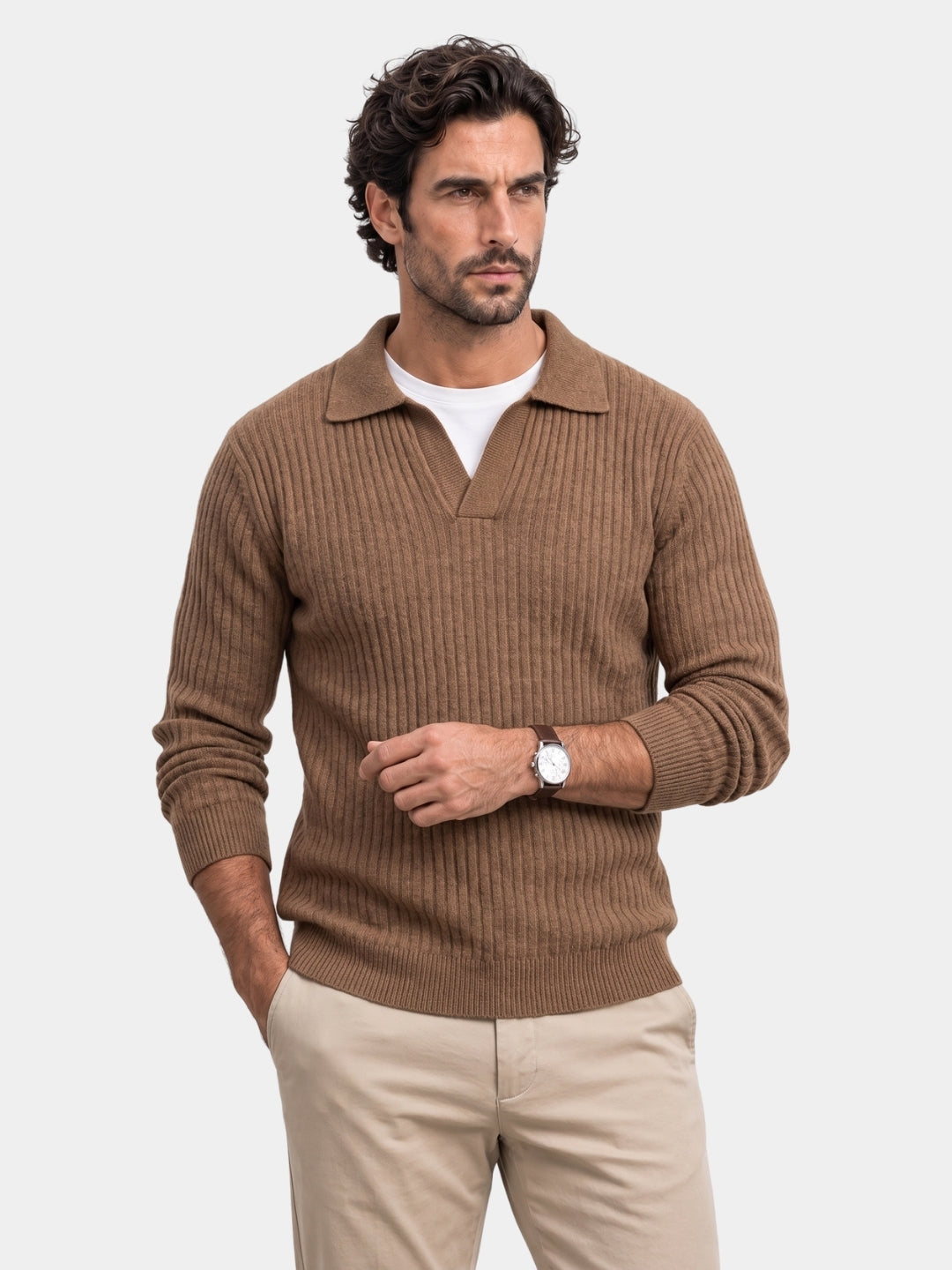 Man wearing a brown ribbed V-neck polo pullover sweater
