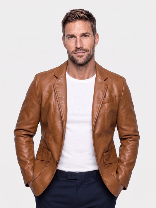 Cross & Crown man wearing brown leather blazer