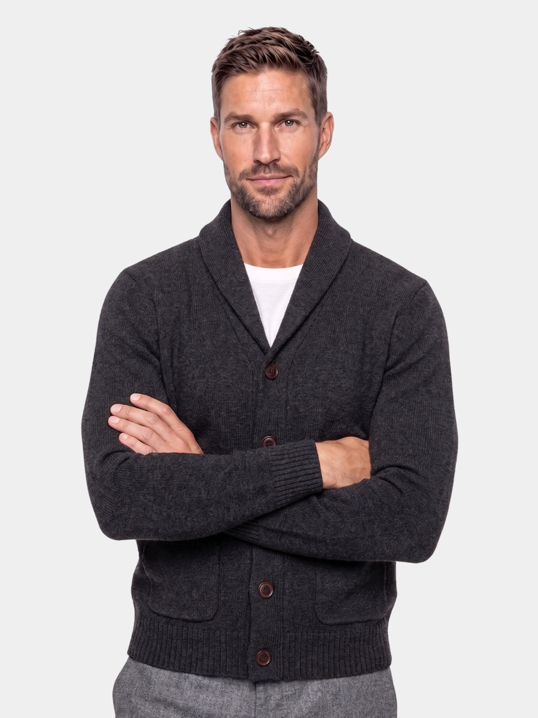 Man wearing charcoal shawl cardigan, front view, Cross & Crown