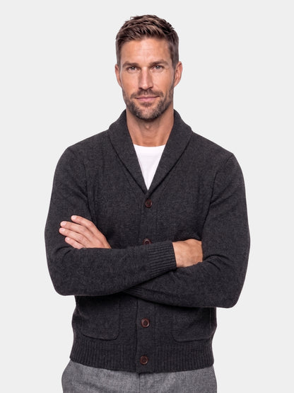 Man wearing charcoal shawl cardigan, front view, Cross & Crown
