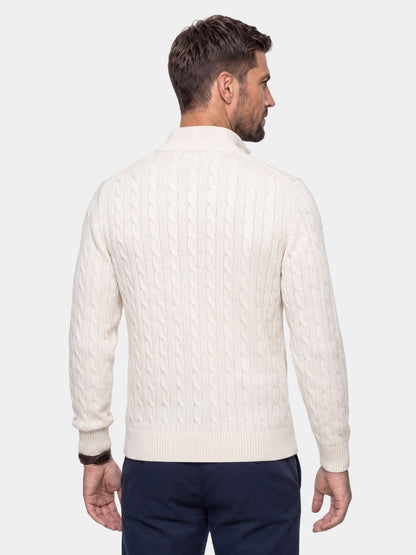 Suéter premium de tricô trançado com gola e zíper - Cross & Crown