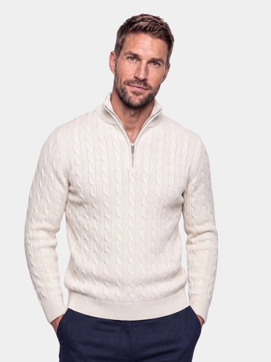 Suéter premium de tricô trançado com gola e zíper - Cross & Crown