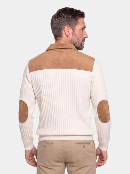 Back view of the ivory pullover with camel suede-trim collar