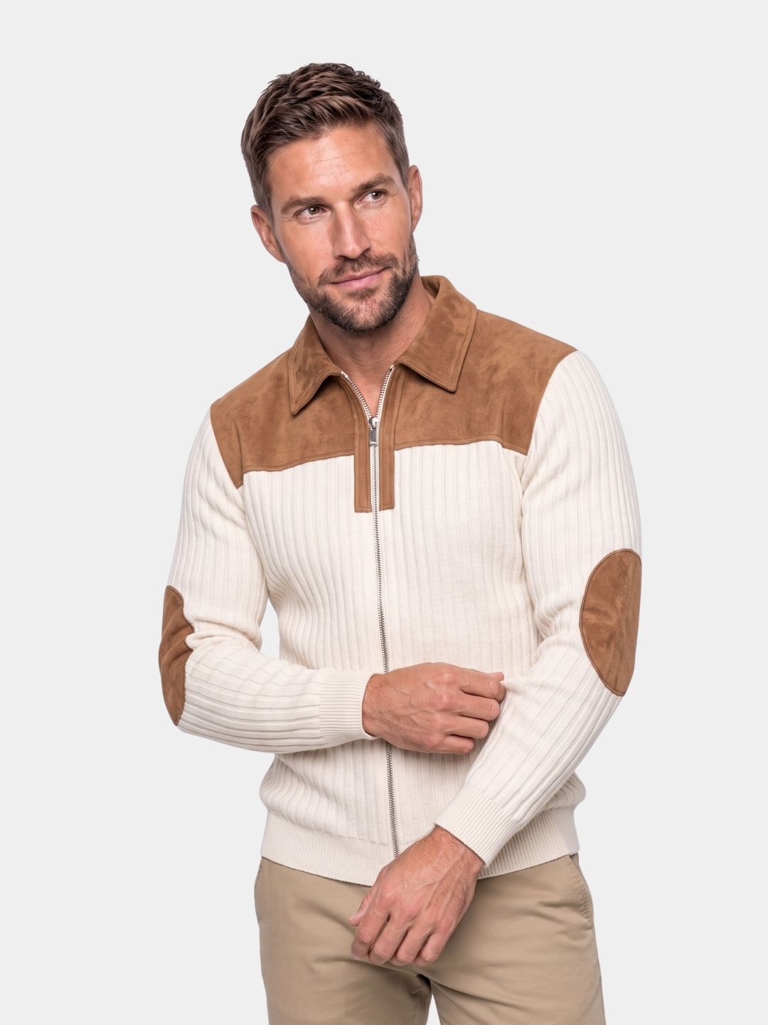 Cross & Crown ivory quarter-zip pullover with camel elbow patches and collar