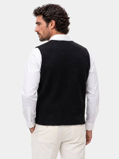 Back view of the black cashmere cardigan vest with V neckline