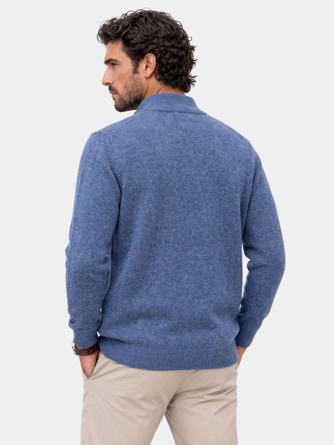 Back view of the blue full-zip cashmere sweater