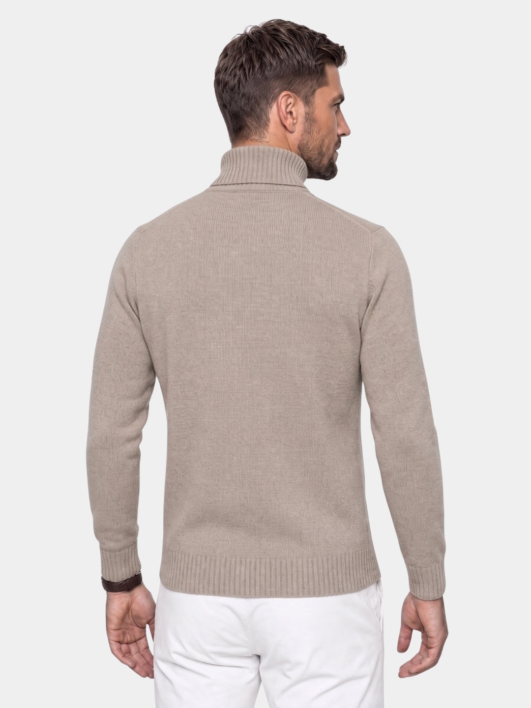 Back view of the beige full-zip cable-knit cardigan