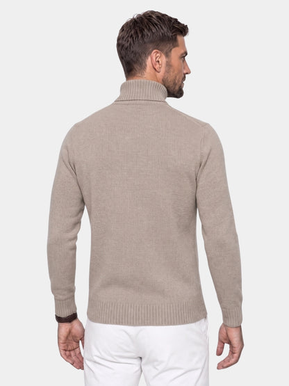 Back view of the beige full-zip cable-knit cardigan