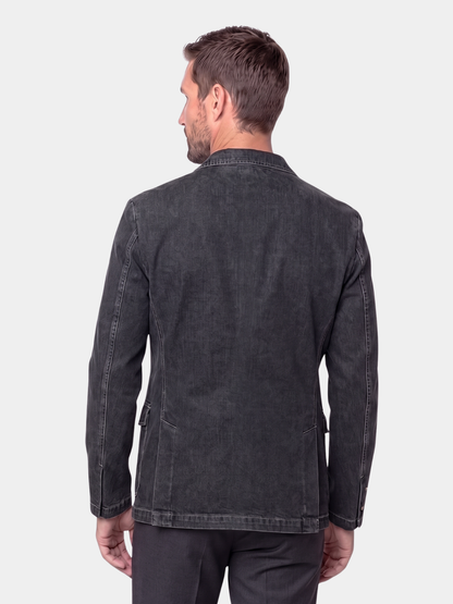 Back view of the man wearing the black denim blazer