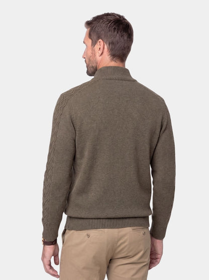 Back view of the brown cashmere zip turtleneck sweater
