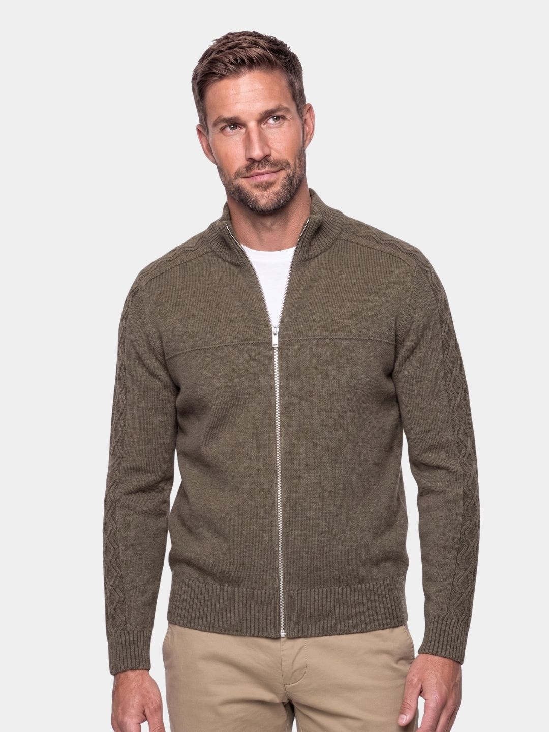Man wearing a brown cashmere zip turtleneck sweater, front view