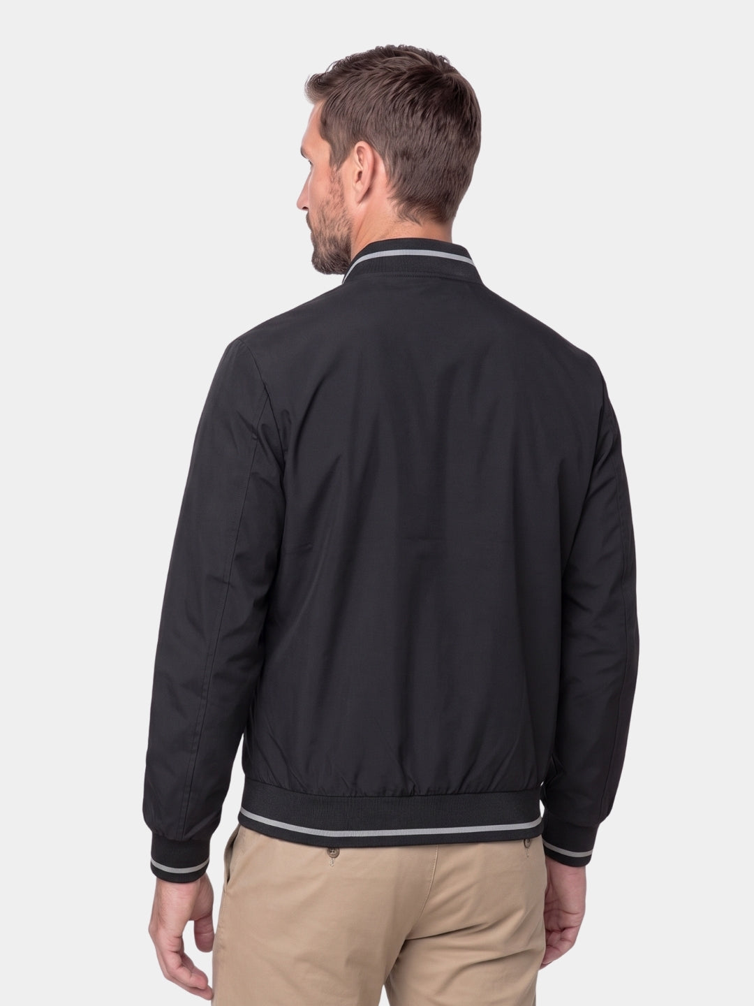 Back view of the black bomber jacket