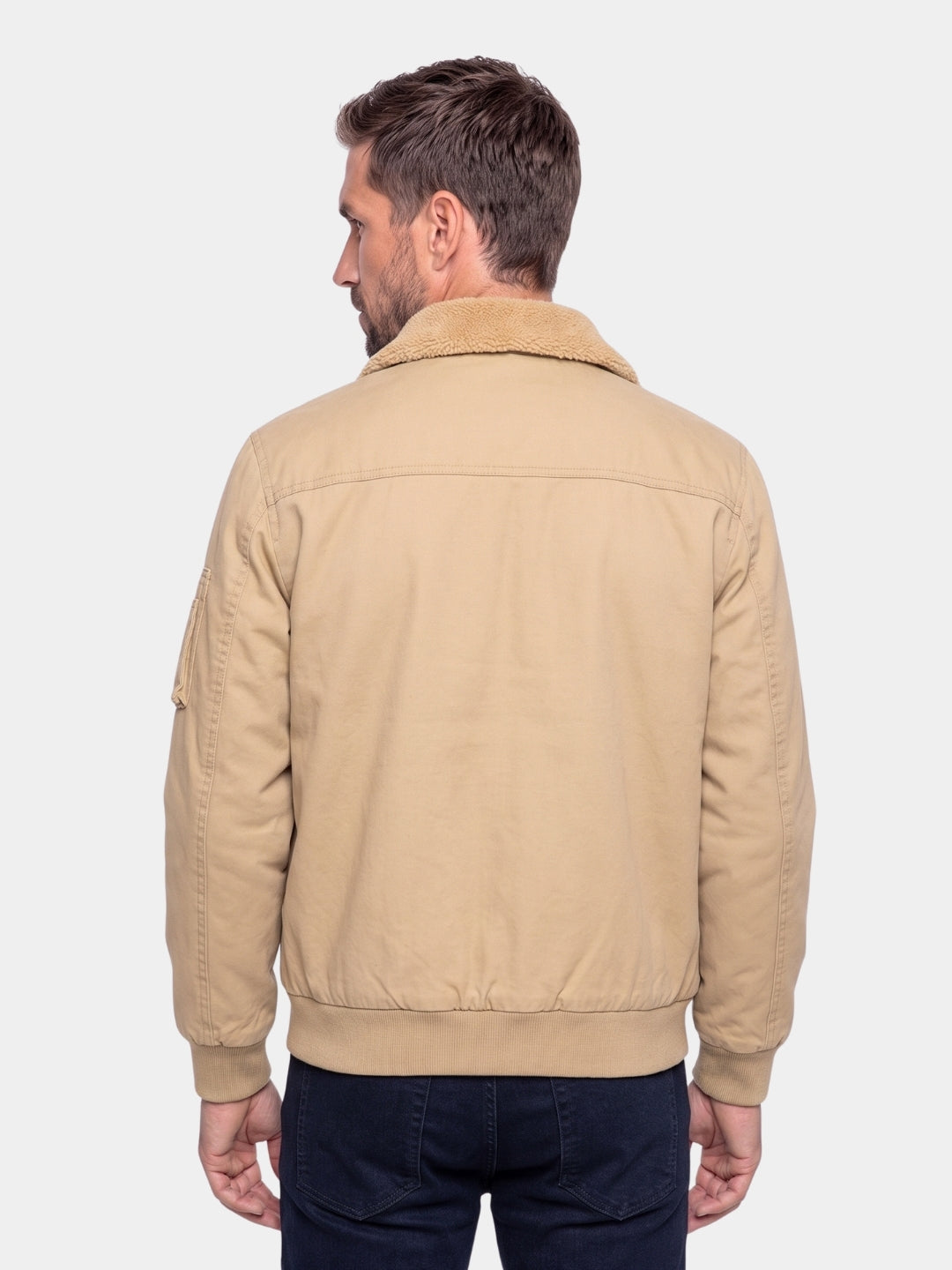 Back view of the khaki fleece collar jacket