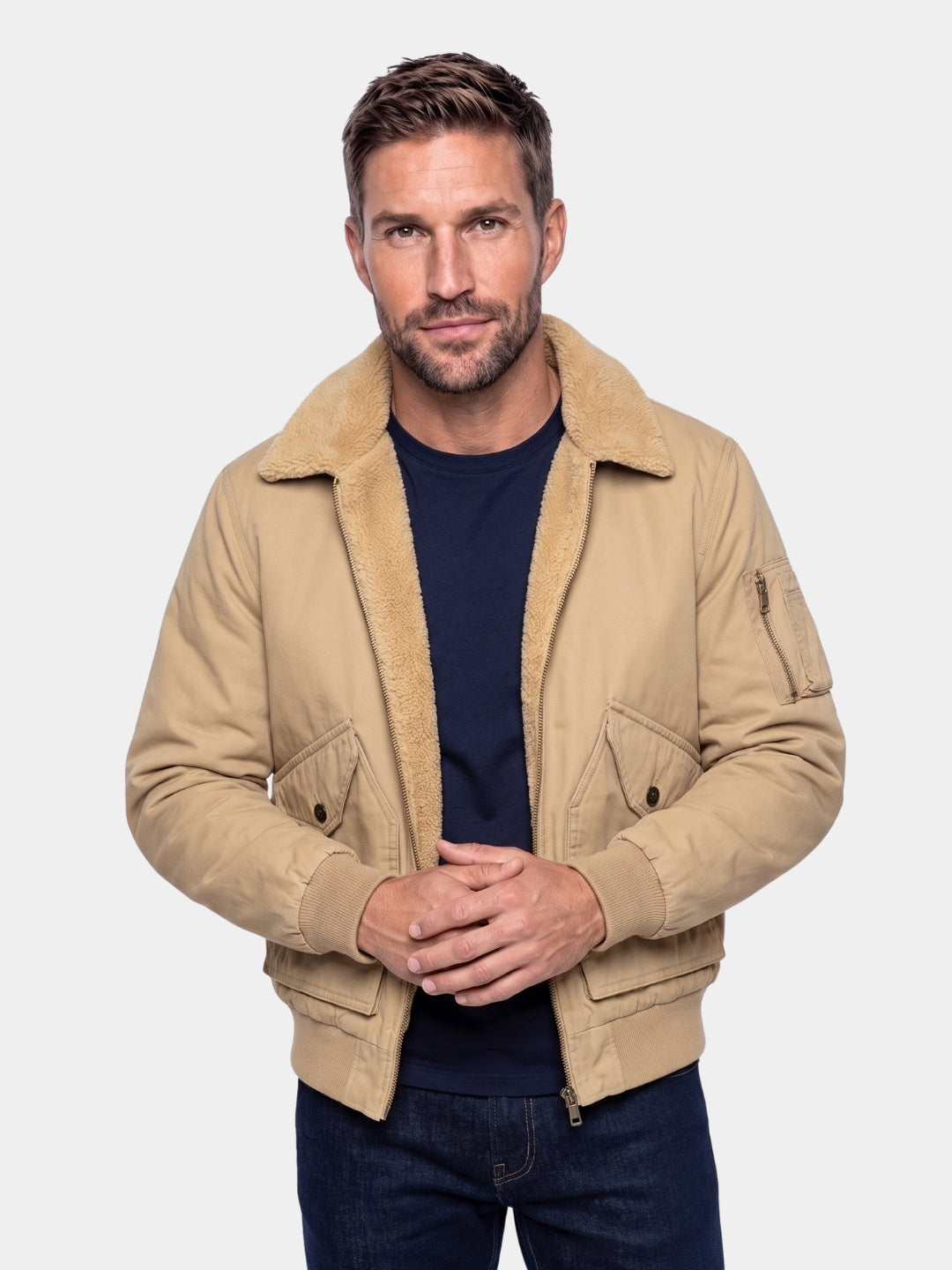 Man wearing khaki fleece collar jacket, front view, Cross & Crown