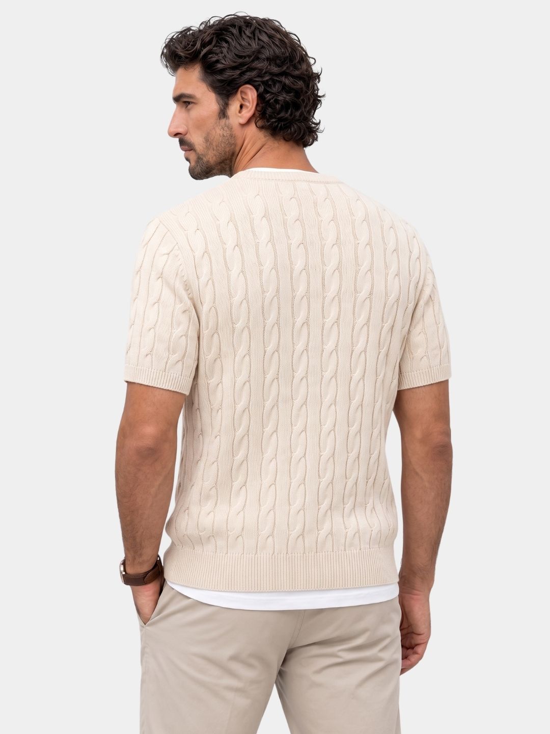 Back view of the cream cable knit crew tee
