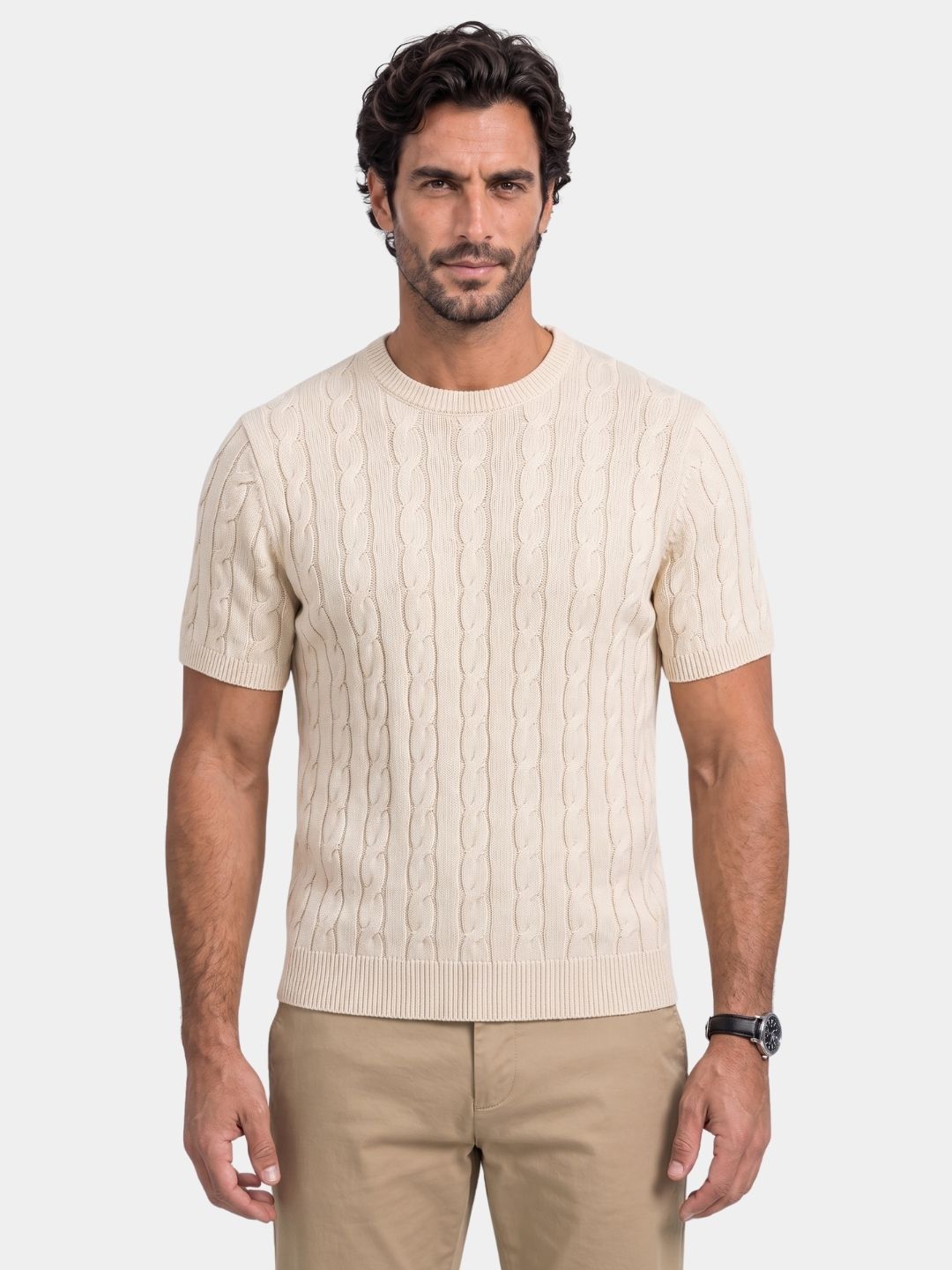 Man wearing Cross & Crown's cream cable knit crew tee
