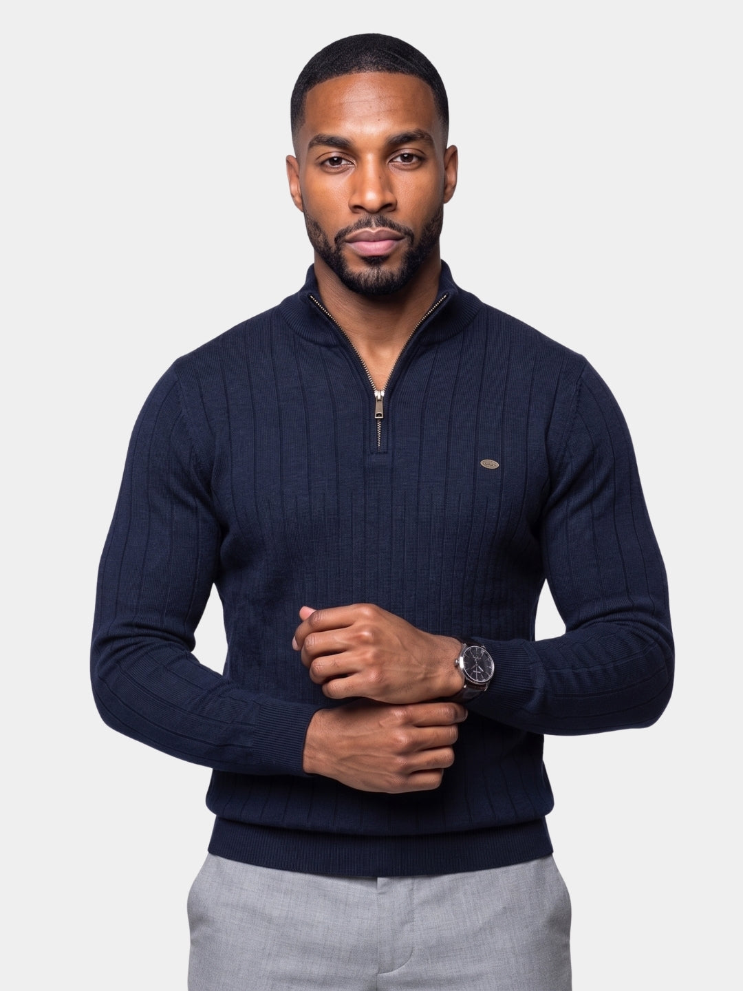 Cotton Knit Vertical Stripes Quarter-Zip Sweater - Cross & Crown