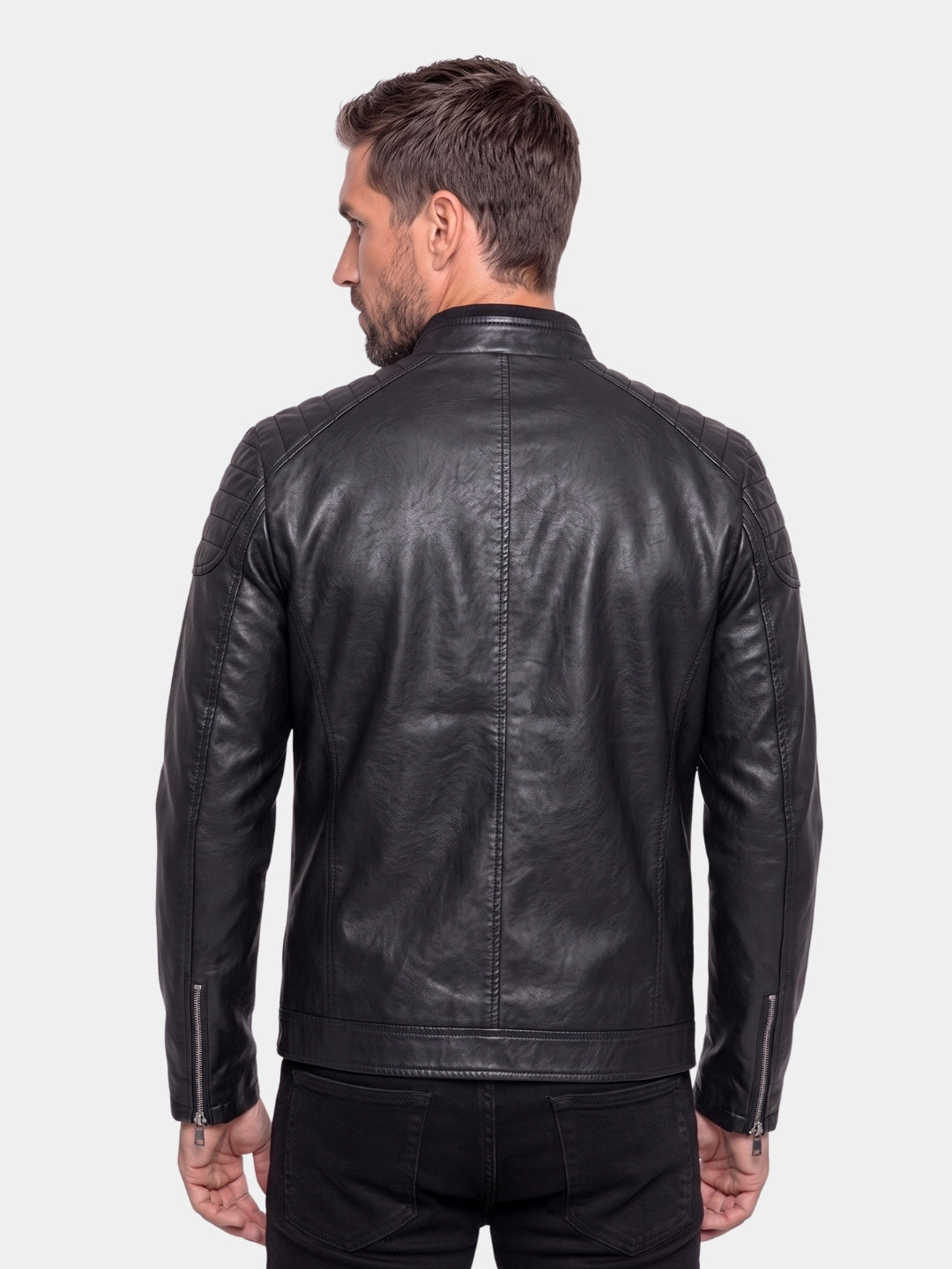 Back view of black leather racer jacket