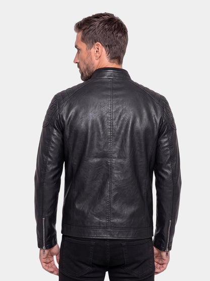 Back view of black leather racer jacket