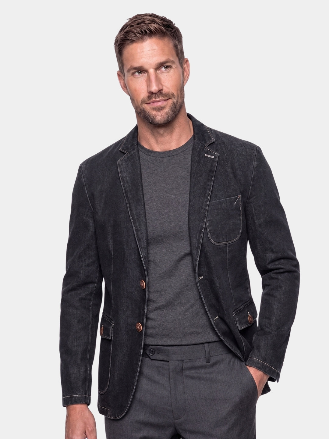 Man wearing the Cross & Crown black denim blazer