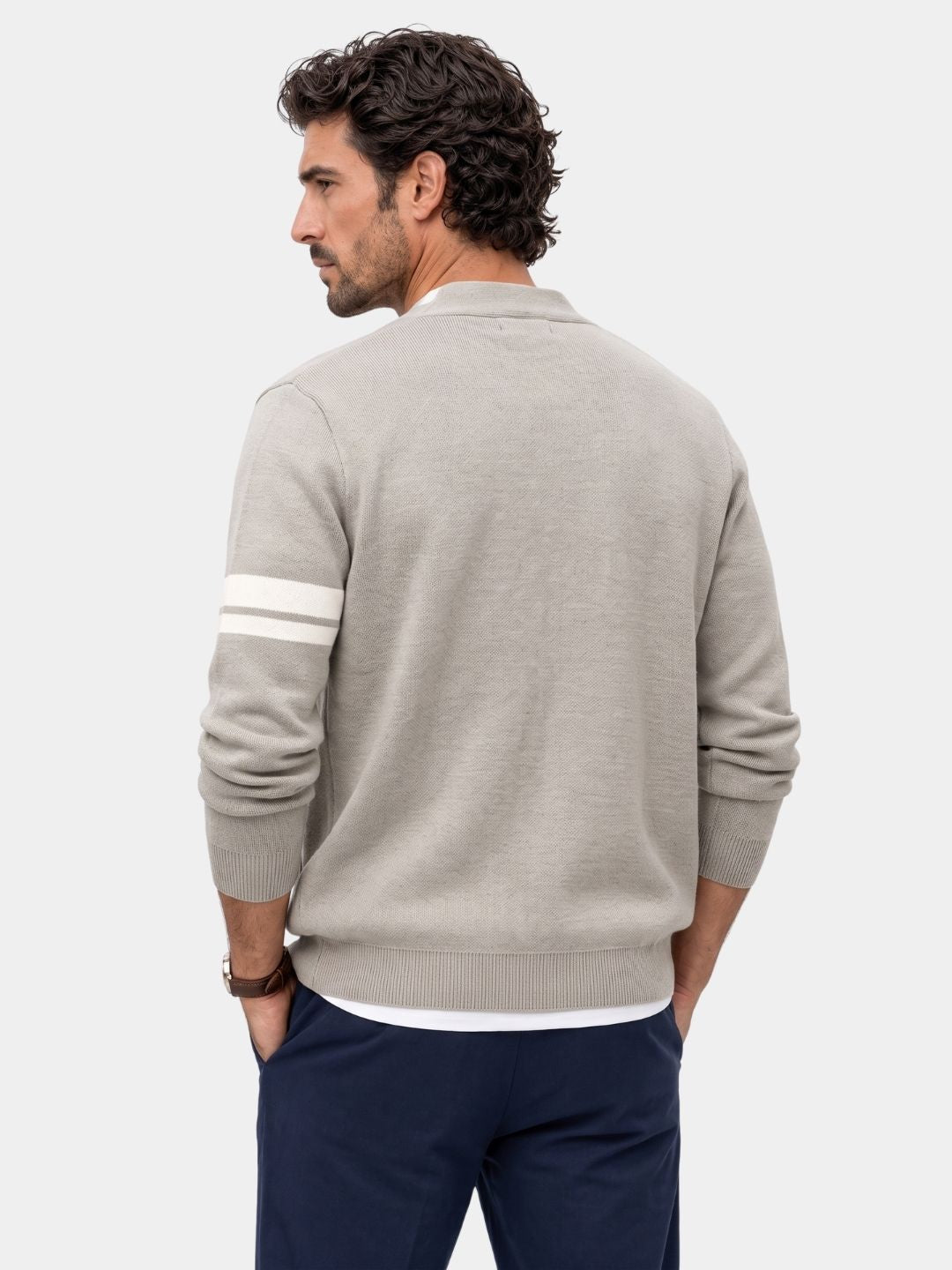 Back view of the light gray Duke cardigan showing the sleeve stripe