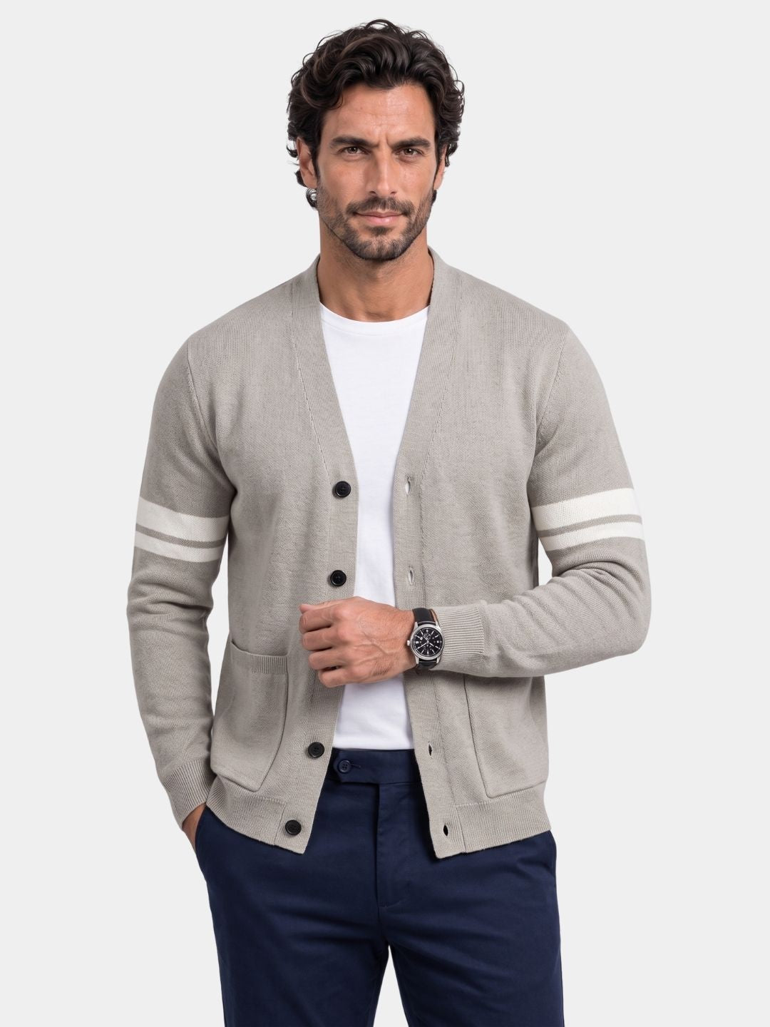 Man wearing the light gray Duke cardigan with contrast sleeve stripes