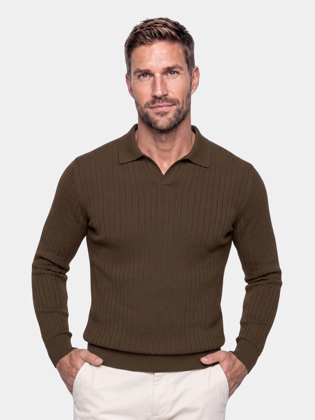 Elegant Open Collar Long Sleeve Polo - Cross & Crown
