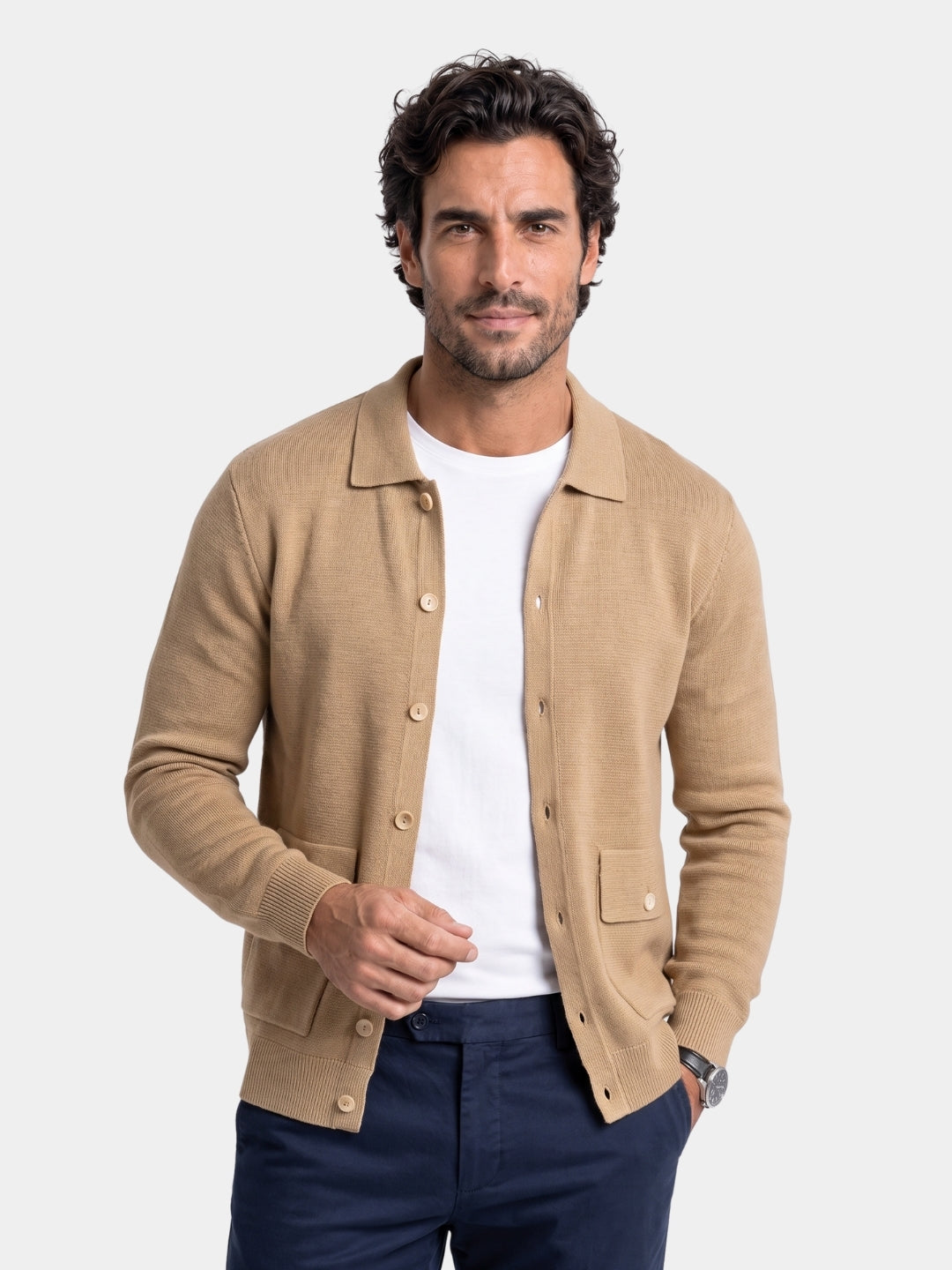 Man wearing a camel cashmere overshirt jacket with camp collar