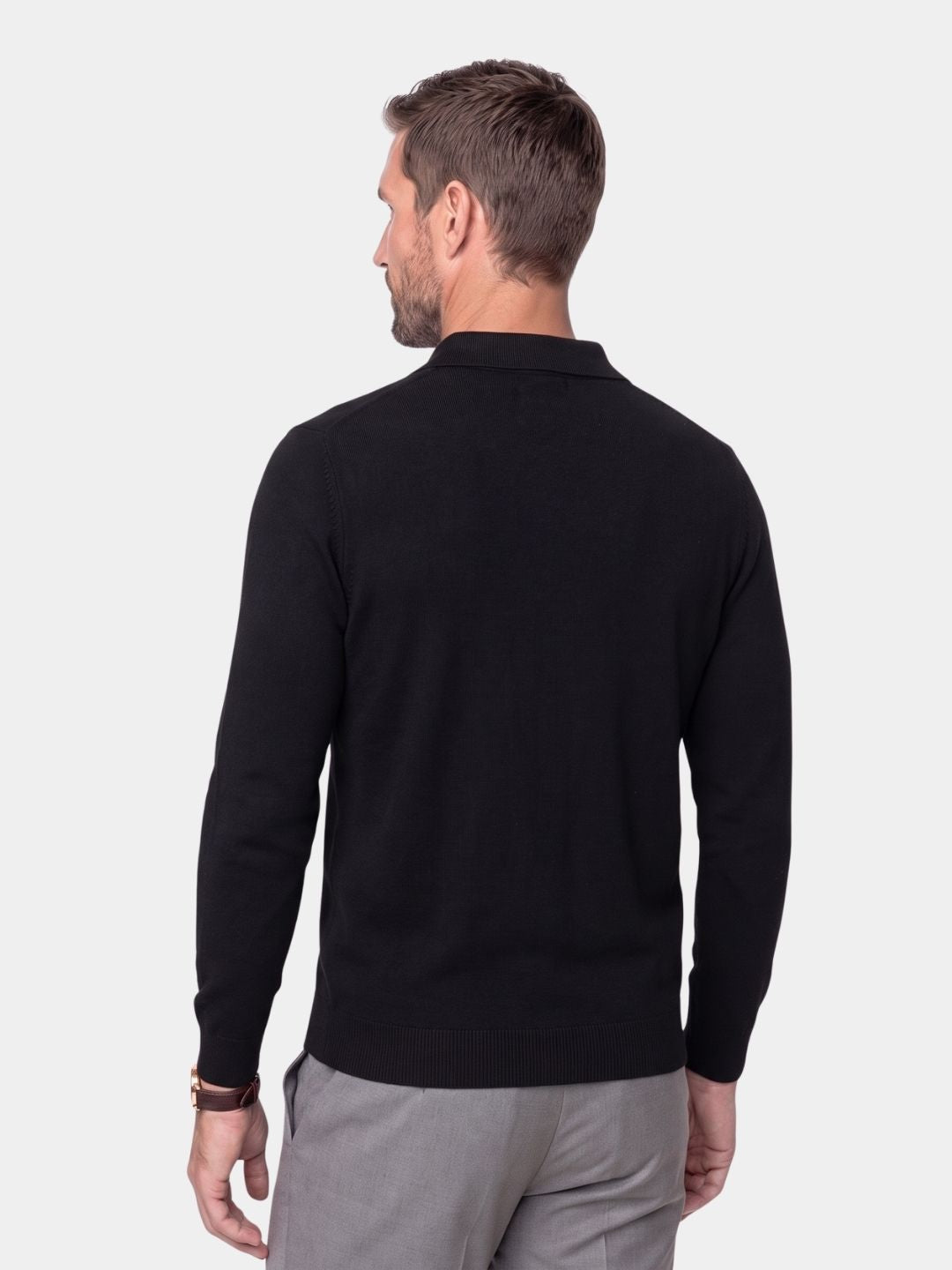 Back view of the black half-zip pullover sweater
