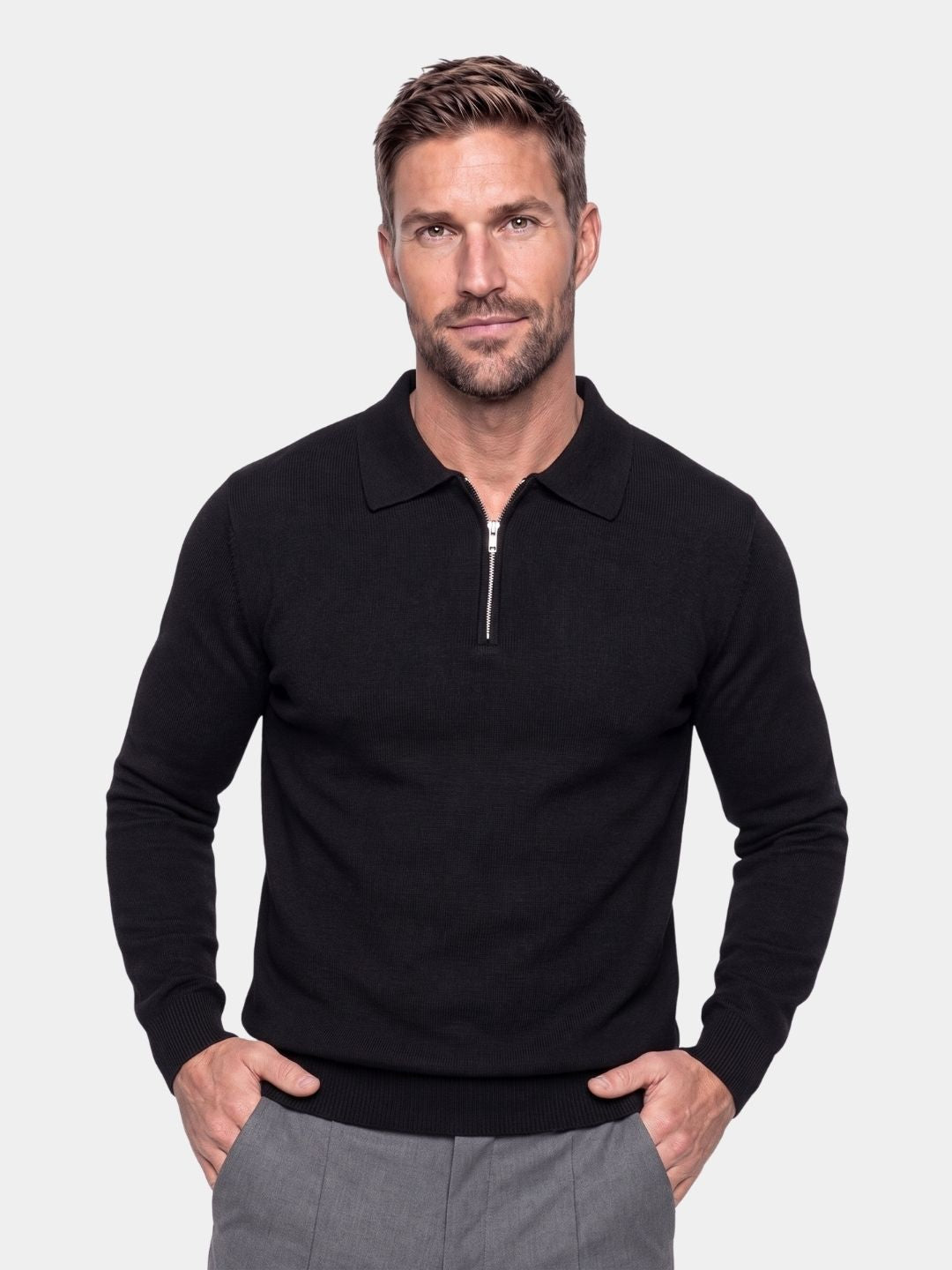 Man wearing black half-zip pullover sweater Cross & Crown