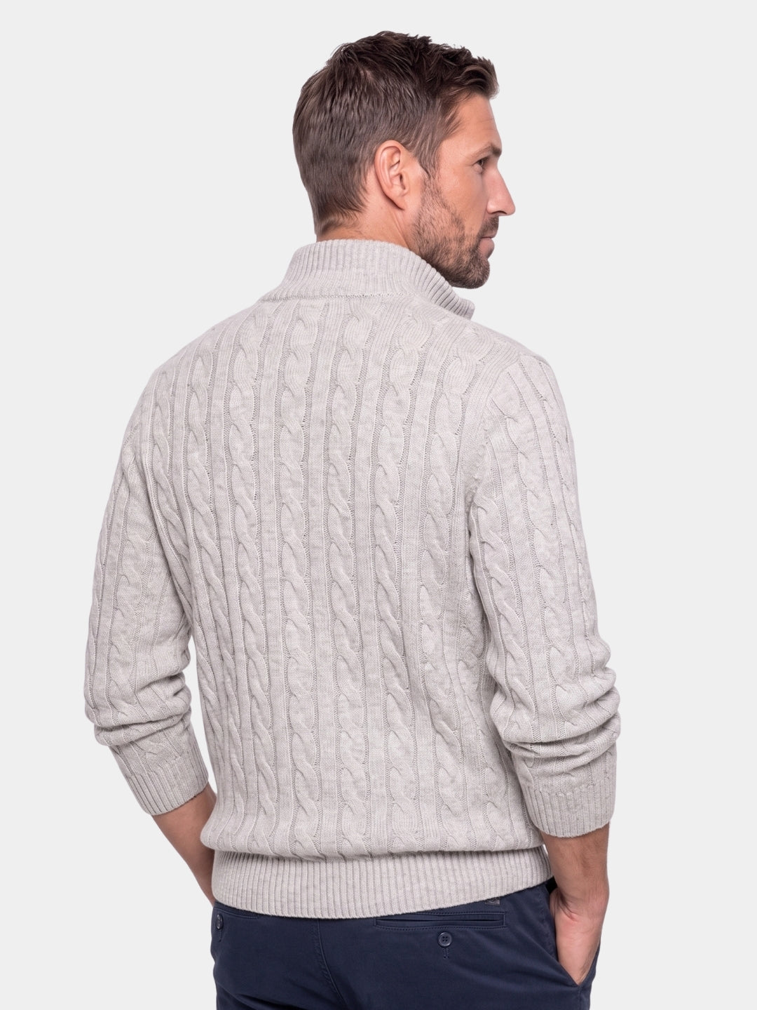 Back view of the gray cable-knit half-zip sweater