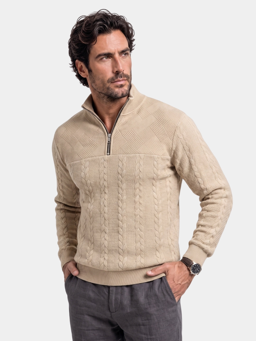 Pulôver Essencial Henley de Gola Alta com Zíper de Um Quarto - Cross & Crown