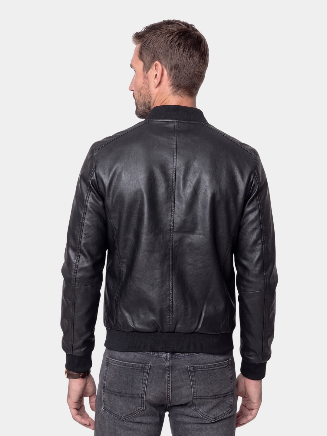Back view of black leather bomber jacket