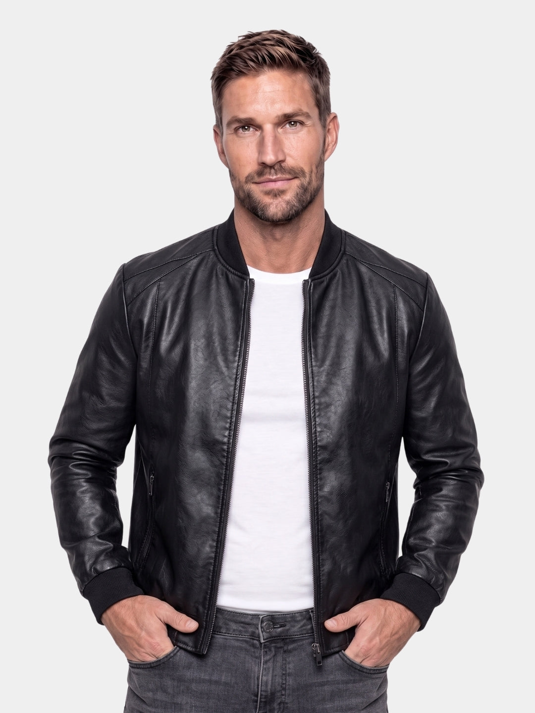 Cross & Crown man wearing black leather bomber jacket
