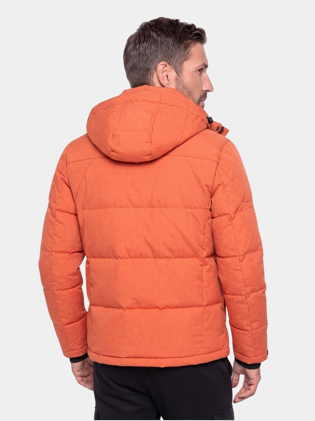 Back view of the orange hooded puffer jacket
