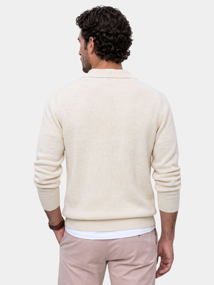 Back view of the ivory V-neck polo pullover sweater