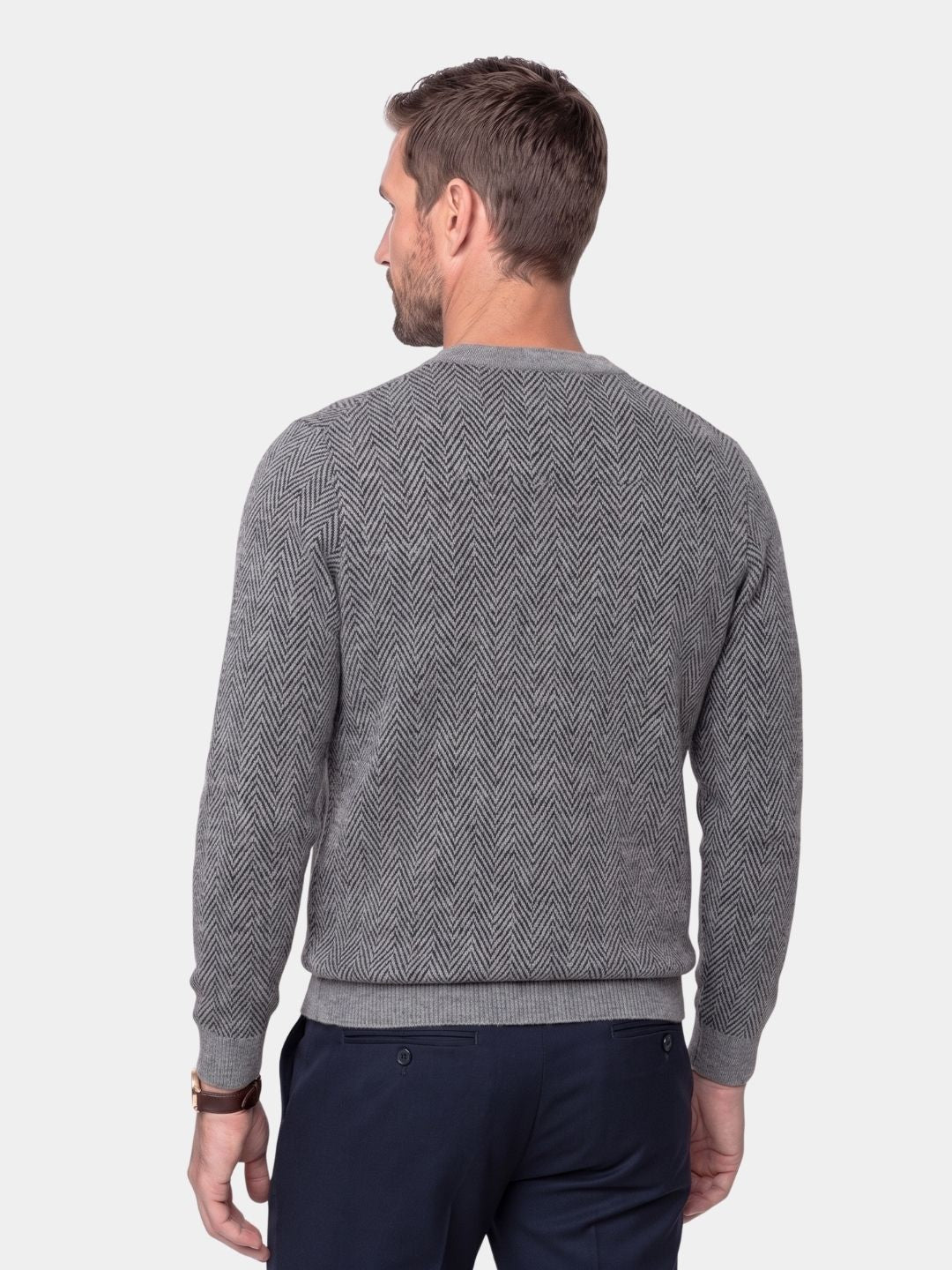 Back view of the gray herringbone wool crew neck sweater