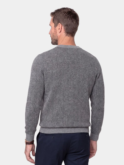 Back view of the gray herringbone wool crew neck sweater
