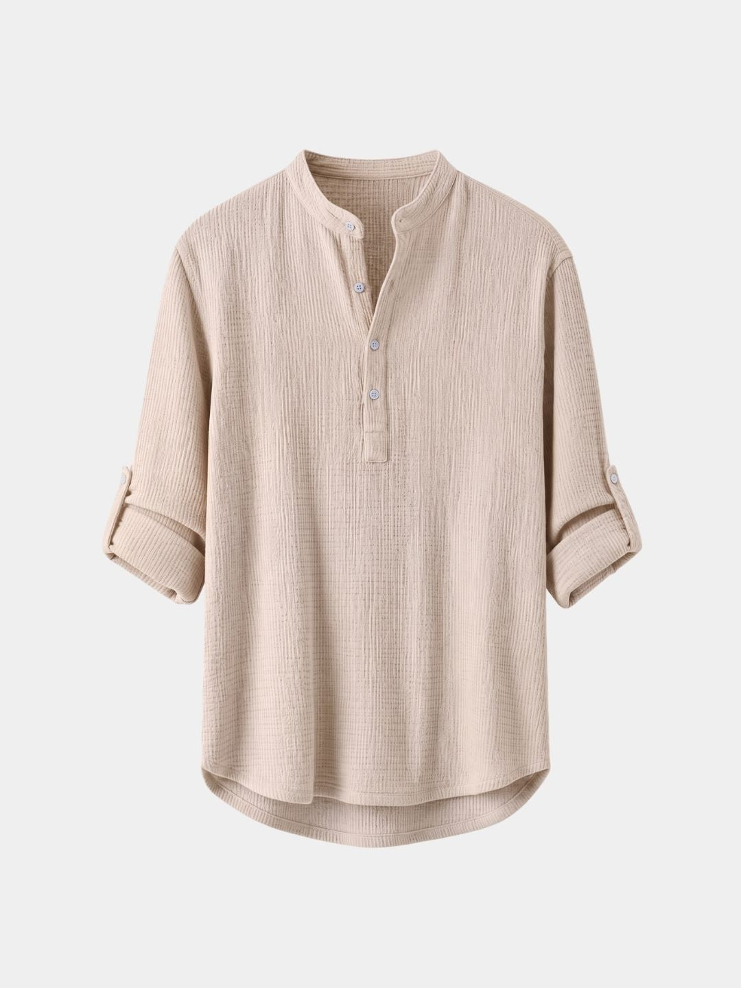 Khaki waffle knit henley popover shirt, front view