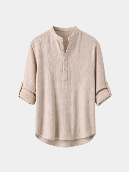 Khaki waffle knit henley popover shirt, front view