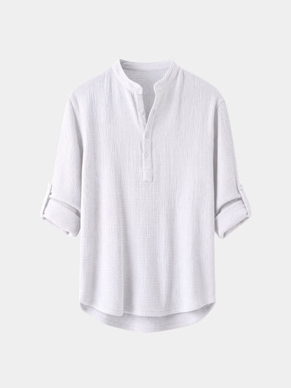 White waffle knit henley popover shirt, front view