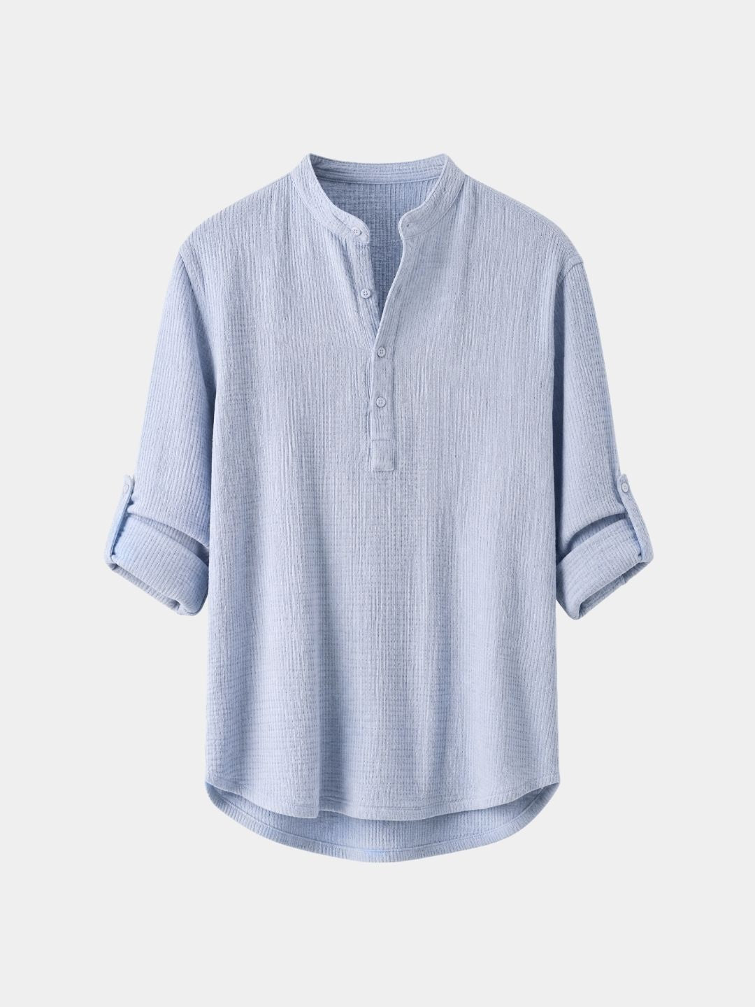 Blue waffle knit henley popover shirt, front view