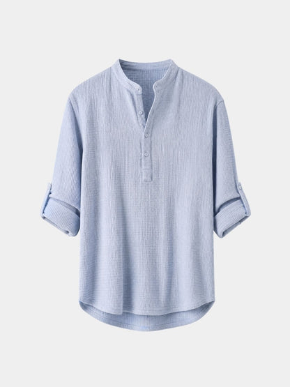 Blue waffle knit henley popover shirt, front view