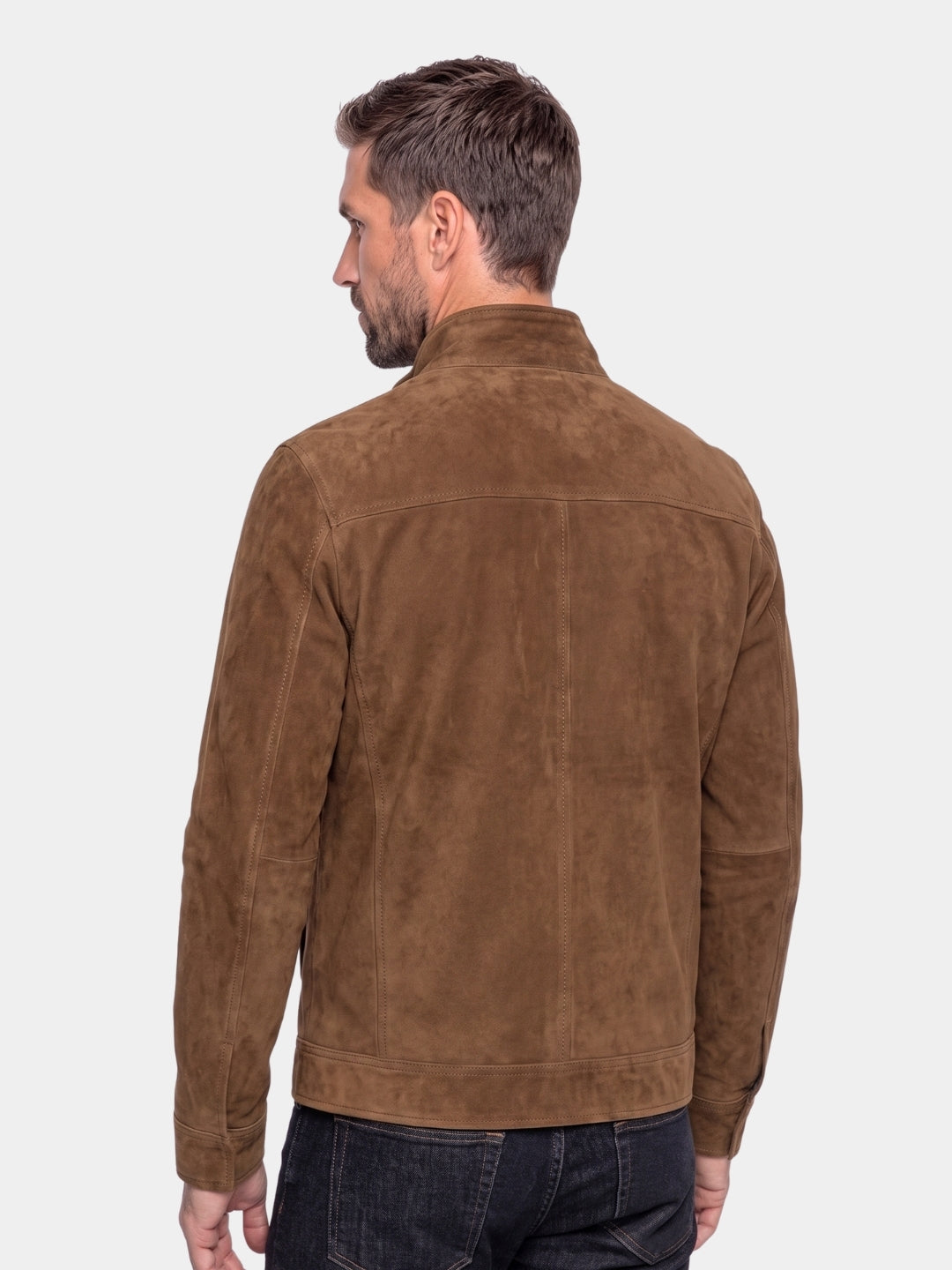 Back view of the brown snap-front suede jacket.