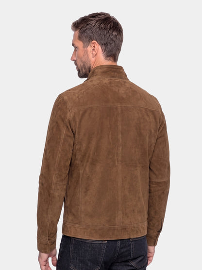 Back view of the brown snap-front suede jacket.