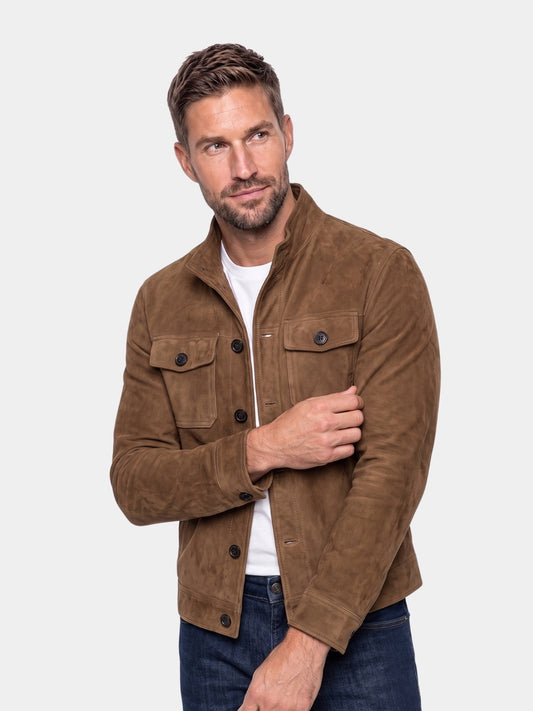 Cross & Crown snap-front suede jacket in brown on a model.