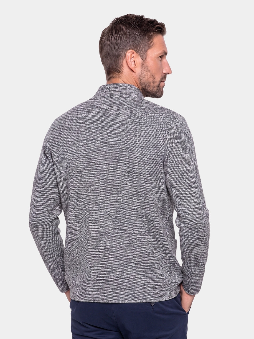 Back view of the gray textured knit collar jacket