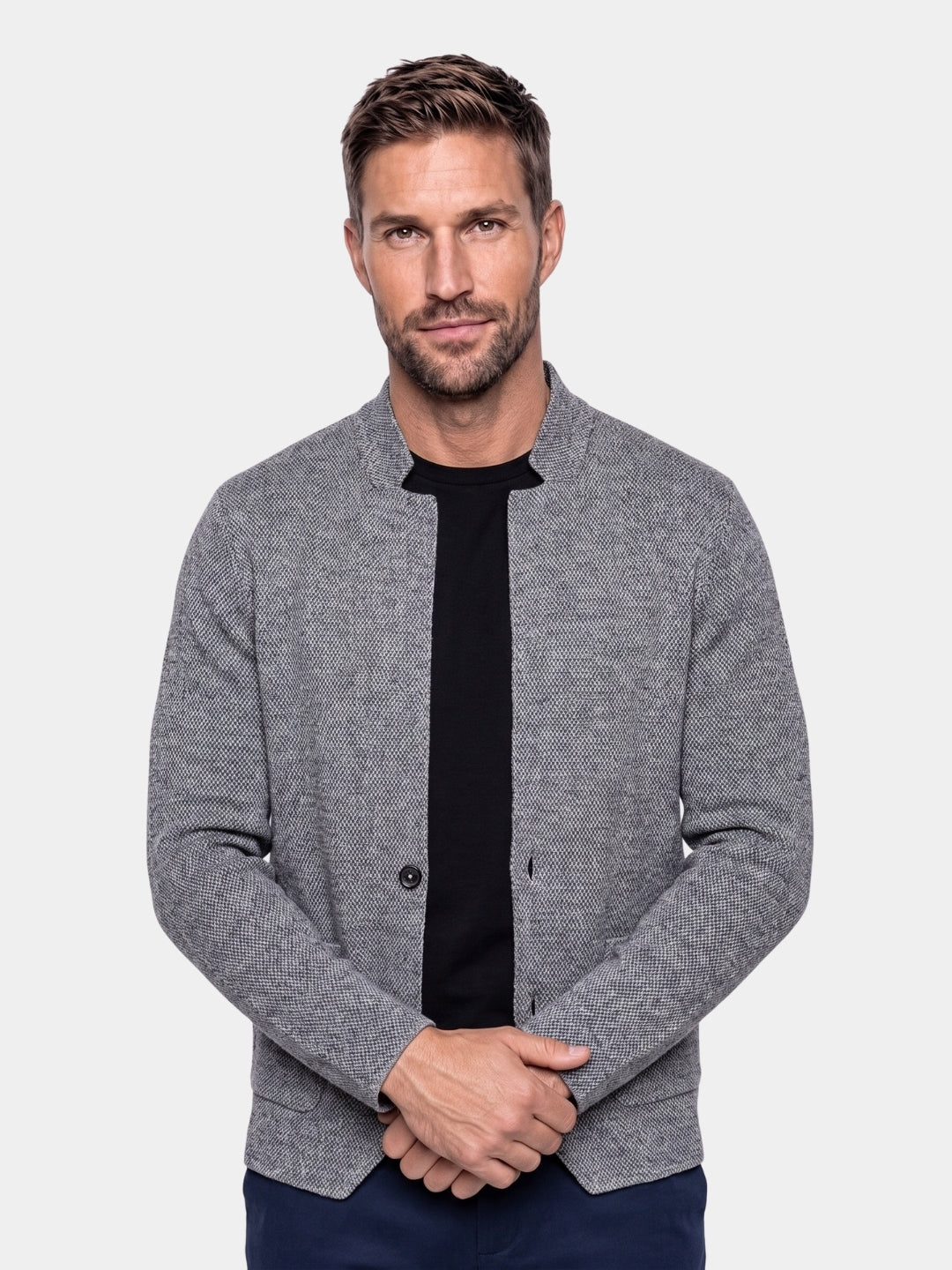 Man wearing a gray textured knit collar jacket, Cross & Crown
