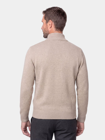 Back view of the beige windowpane check full-zip knit jacket