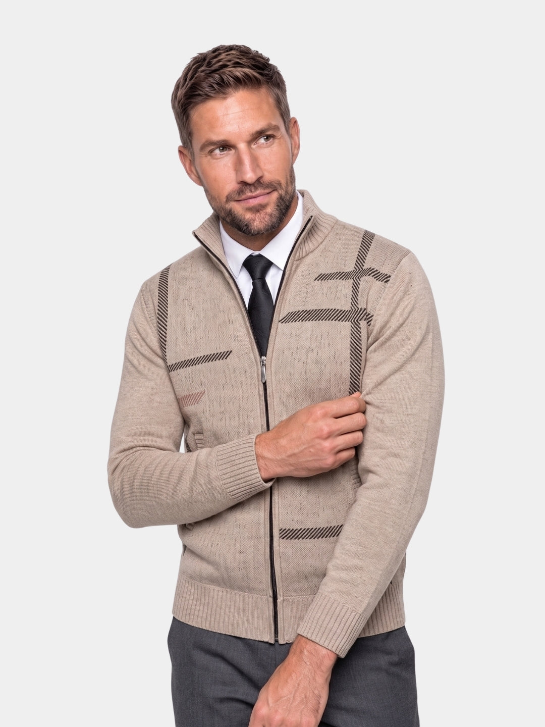 Man wearing a beige windowpane check full-zip knit jacket with tie